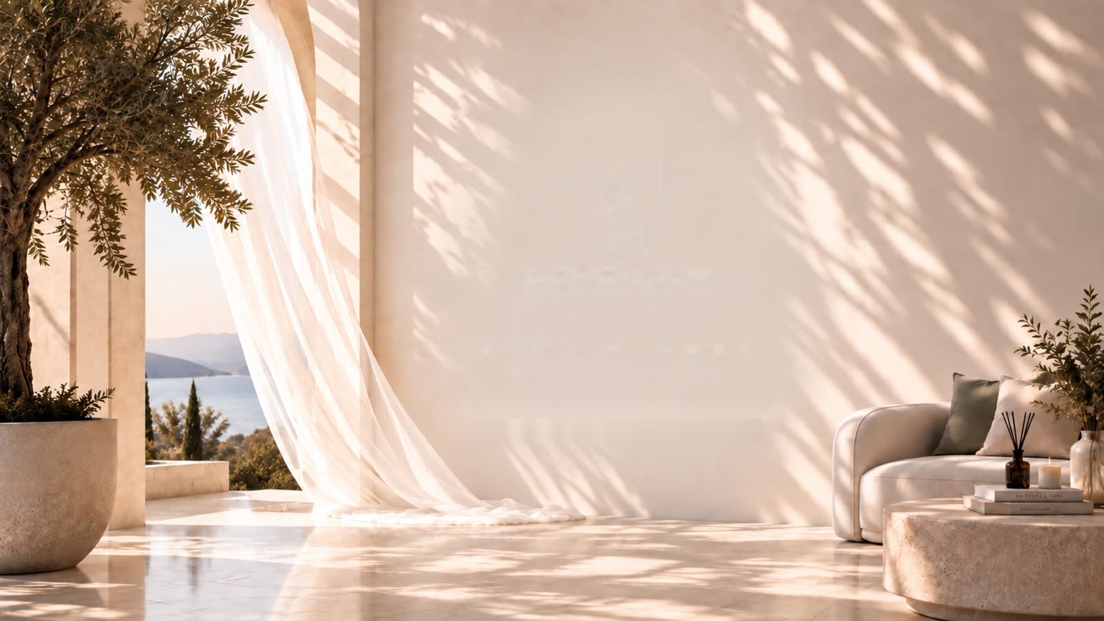 Sunlit terrace with sheer curtains, an olive tree and a view over the sea